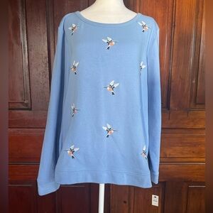 NWT Talbots Light Blue Tweeting Birds Embellished Print Sweater Size XL